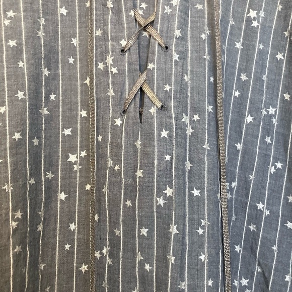 JOHNNY WAS WORKSHOP Stars & Stripes Lace-Up Top Gray Chambray Boho - Picture 8 of 13